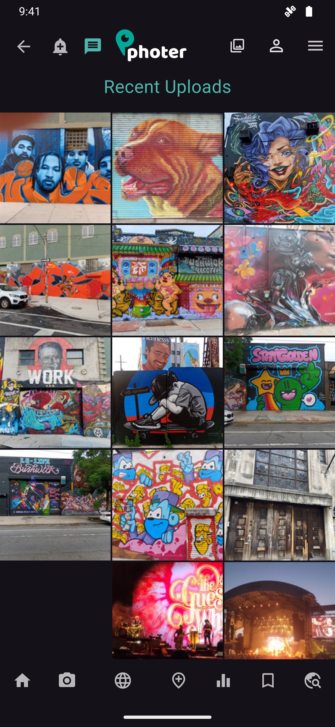 Photer recent uploads grid of street art and murals
