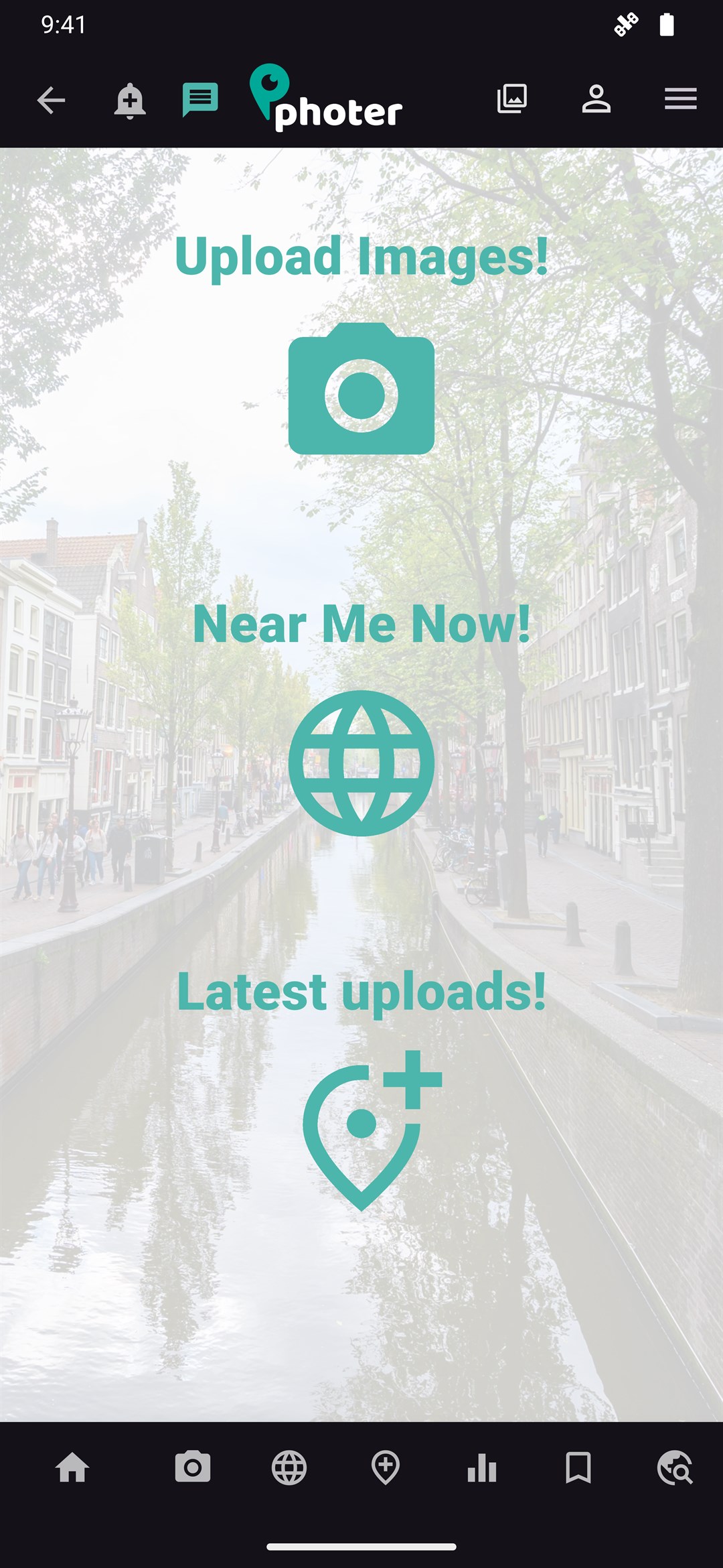 Photer home screen with Upload Images, Near Me Now and Latest uploads